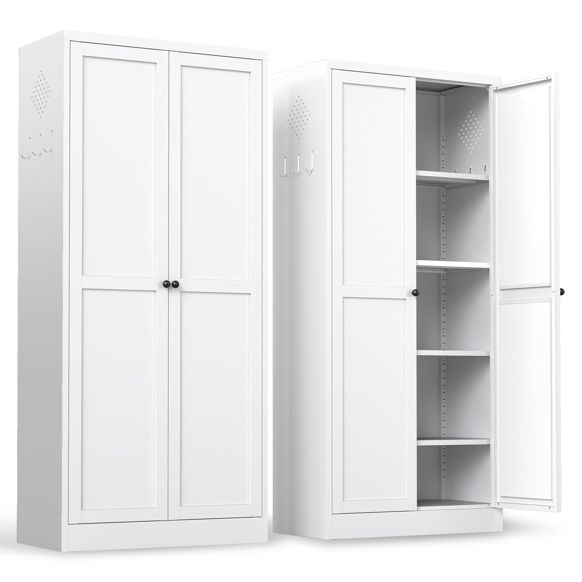 Metallschrank 155 x 70 x 35 cm, Aufbewahrungsschrank mit 4 höhenverstellbaren Einlegeböden, Mehrzweckschrank, Haushaltsschrank, Vorratsschrank für Wohnzimmer, Küche, Flur, Keller, Weiß
