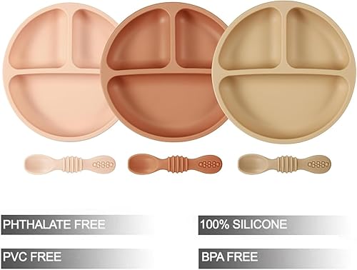 Miniatura 2 de PandaEar Paquete de 3 platos para niños pequeños con 3 cucharas, placa de succión dividida 100% silicona para bebés, sin BPA, aptos para