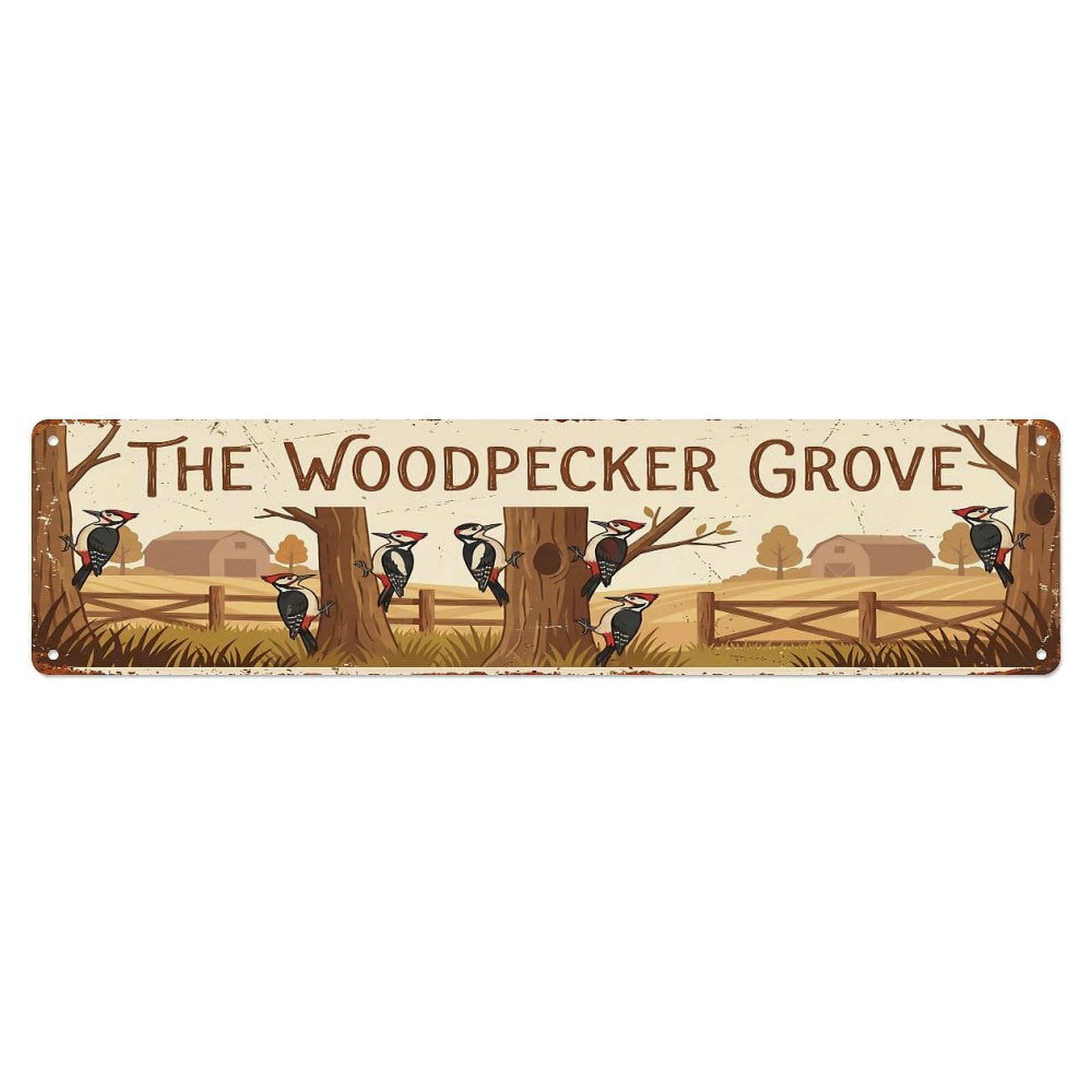 Vintage Woodpecker Farm Scene THE WOODPECKER GROVE Metal Tin Sign