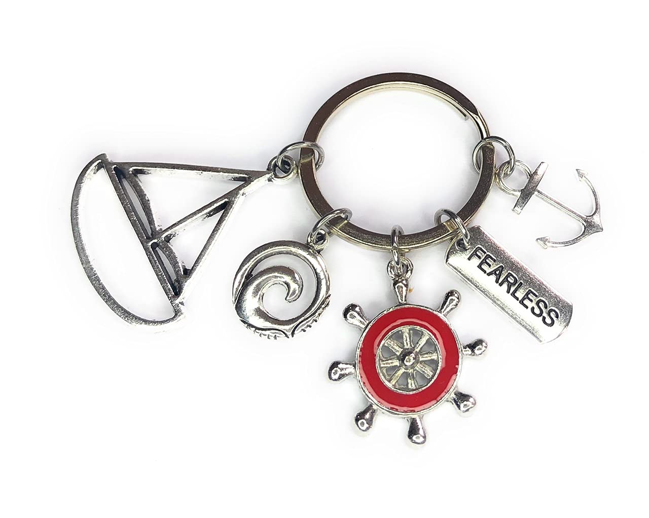 FizzyButton GiftsSailing Charm Keyring Key Ring with Boat, Waves, Ship's Wheel, Fearless and Anchor Charms
