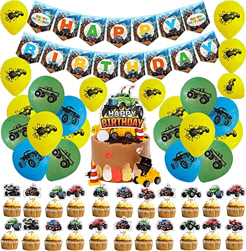 Decoraciones de Cumpleaños Monstruo Camión Globos Pancarta de Feliz Cumpleaños Camiones Adorno para Pastel para Niños Favor de Fiesta Temática Monster Truck Cover