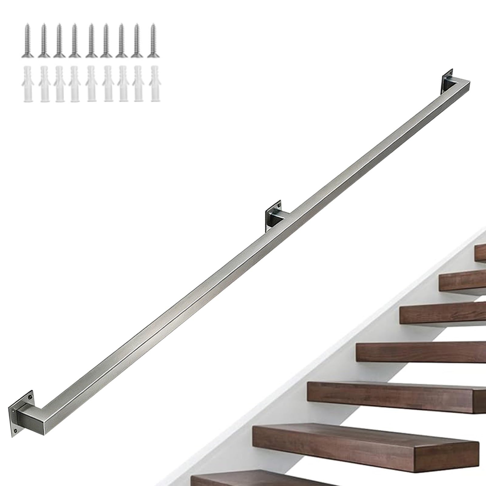 Silver Handrails for Indoor Outdoor Steps, Stainless Steel Square Tube Balusters Guardrail with Fittings, Sturdy Wall Mounted Support Stair Handle for Corridor Lofts Deck(17ft/5.1m)