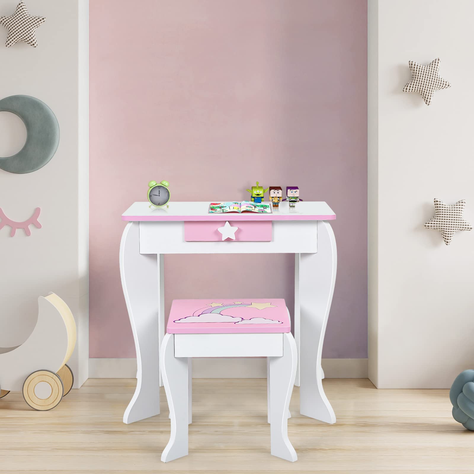 Gymax Kids Vanity Table And Stool Wooden Children Dressing Table