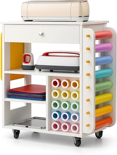 Organizadores de manualidades y mesa de almacenamiento compatible con máquina Cricut, carrito de gabinete de manualidades Vdamu con soporte de rollo