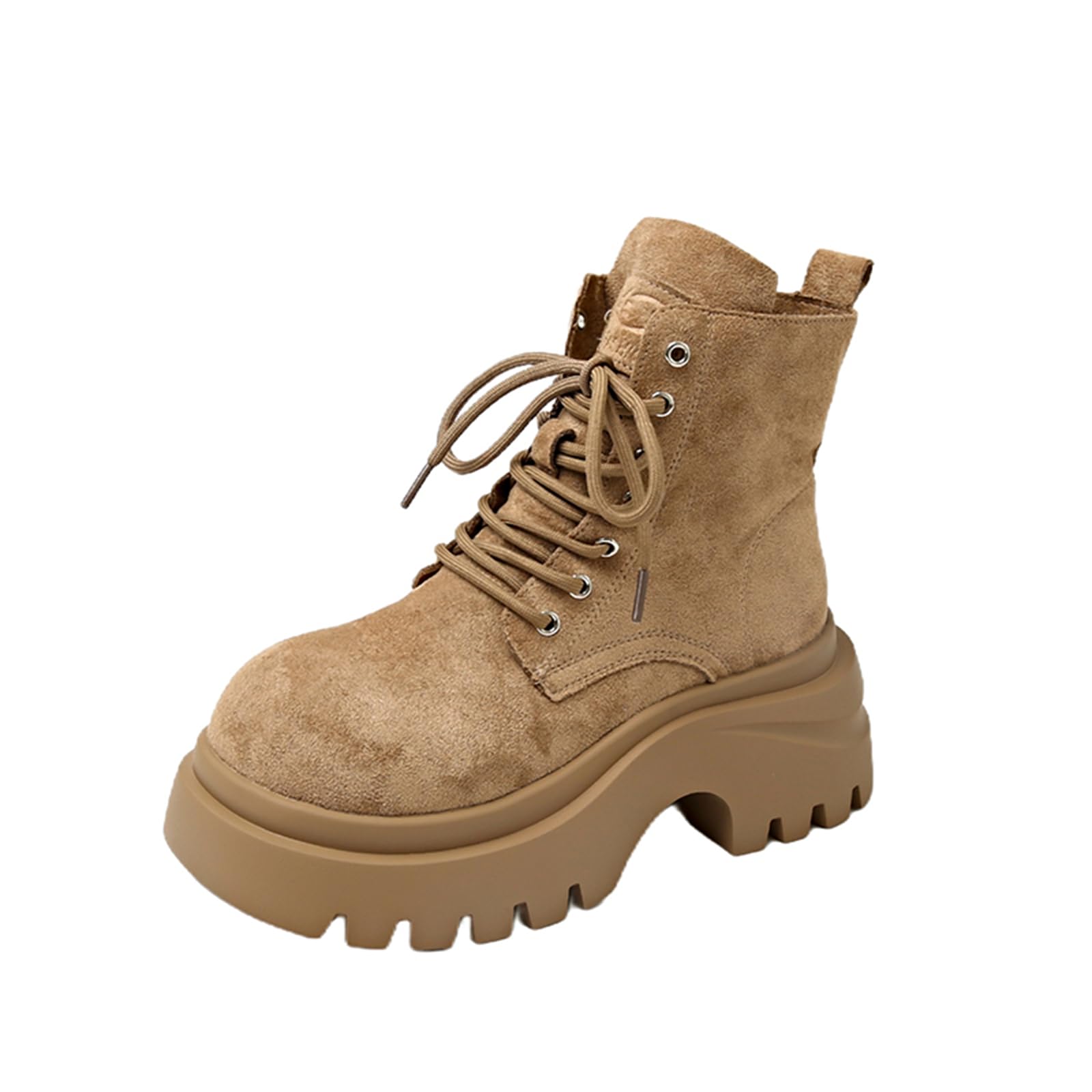 Womens Suede Autumn And Winter Thick-Soled Lace-Up Ankle Boots With Wide Round Toe Block Heel And Lug Sole