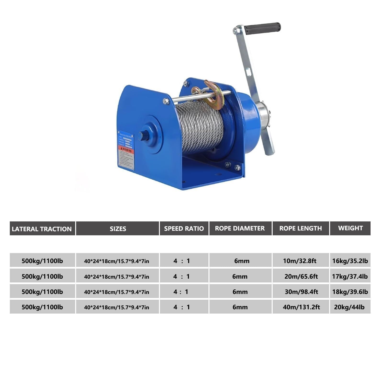 Heavy Du - Cabrestante manual 22:1 ar - Cable de acero de 20 m - Longitud del mango ajustable - Perfecto para remolques y remolques de barcos (capacidad de 500 kg)