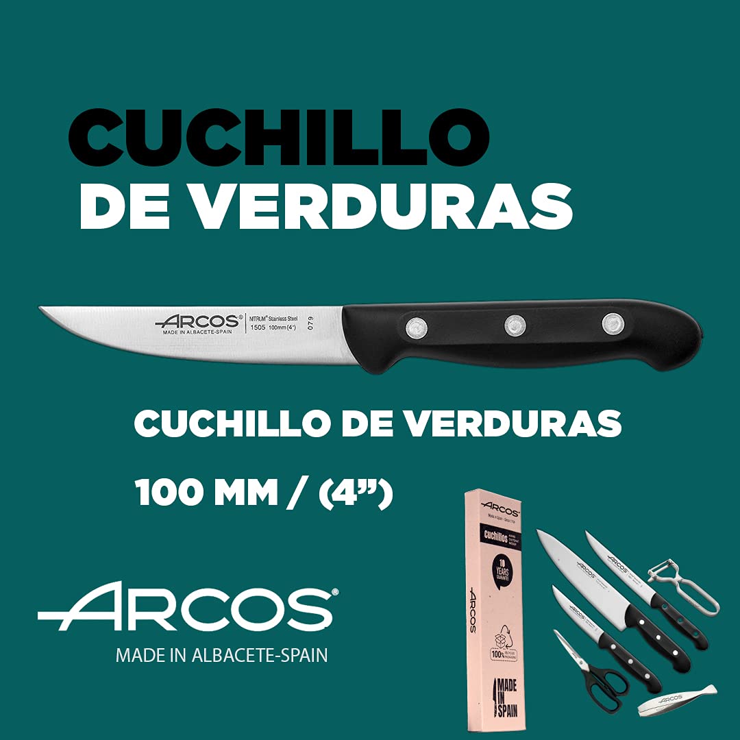 Arcos Juego Cuchillos Cocina cuchillos | Cuchillo profesional | 6 piezas | Chef 215 mm + Cocina 150 mm, Verduras 100 mm + Tijera cocina + Pelador de fruta y verdura + Pinza para pescado