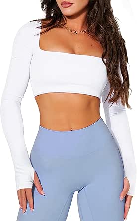 TZLDN Long Sleeve Workout Crop Tops Women T Shirts Square Neck Padded Yoga Shirts Athletic Gym Clothes Top Sport Femme