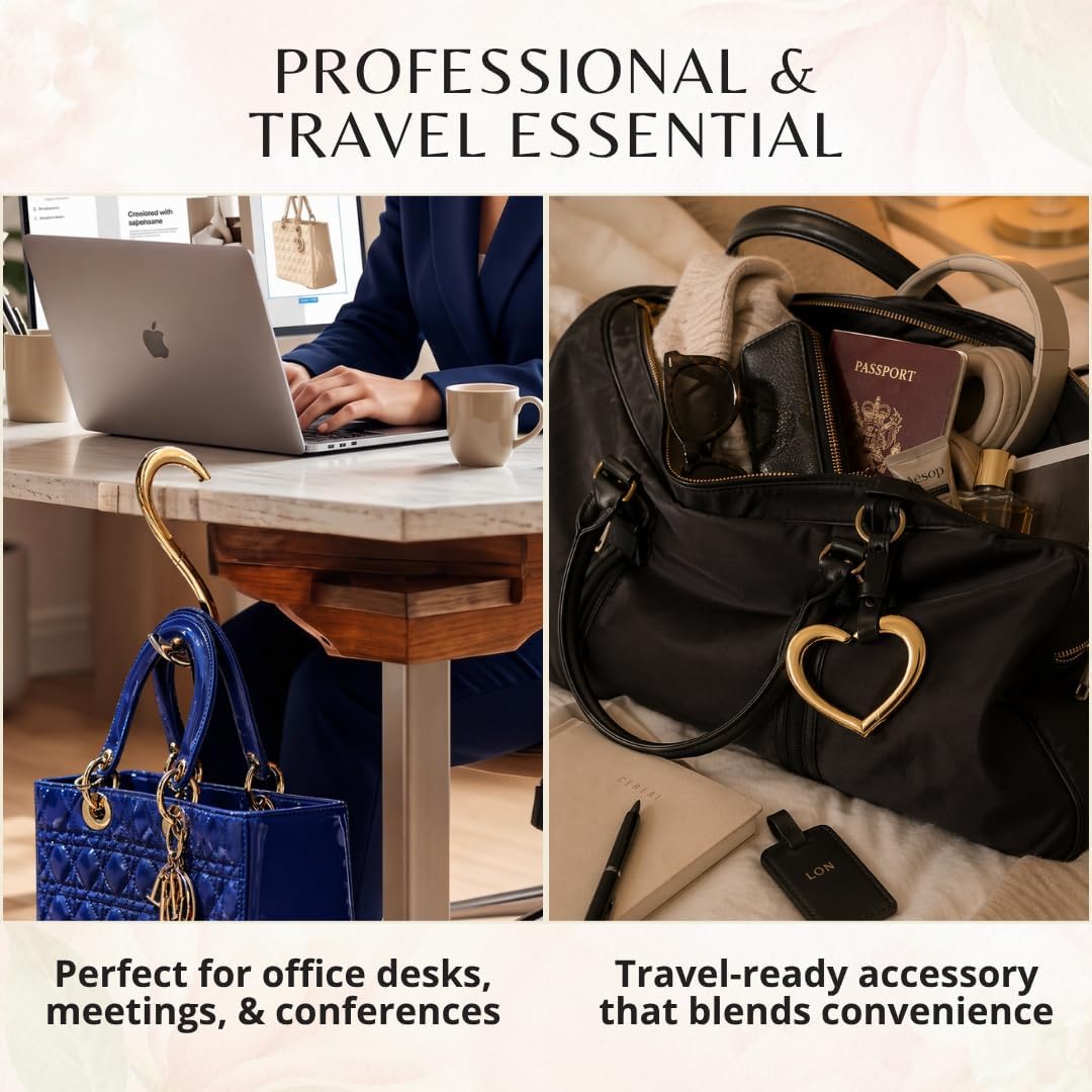 HOOK UP Luxury Purse Hook for Table | Patented 22k Gold Finish Purse Hanger | Portable Handbag Holder | Bag Hook for Desk, Travel, Cafe & Office | Heart Shaped Elegant Gift for Women on Mothers Day