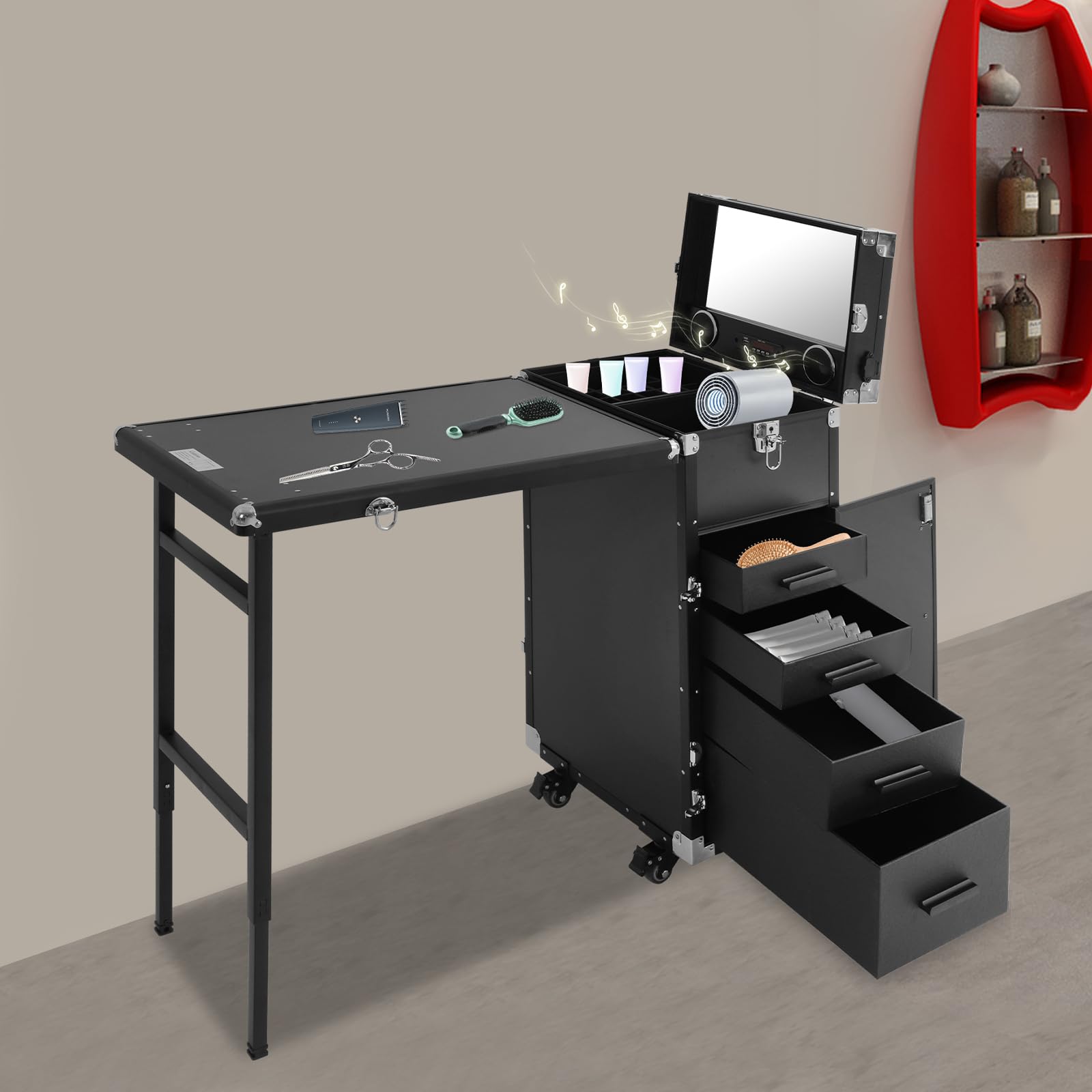 Stół do manicure z głośnikiem Bluetooth i lustrem, składany przenośny wózek do makijażu z rolkami blokującymi, stacja do makijażu do profesjonalnych kosmetyków i stylizacji paznokci, czarny