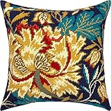 Brvsk Floral Needlepoint Kit for Adults and Beginners — Tulip by William Morris 16″ × 16″ with Clear, Precise Printed Design on Cotton Canvas; Includes 2 Needles, Yarn, and Easy-Read Chart