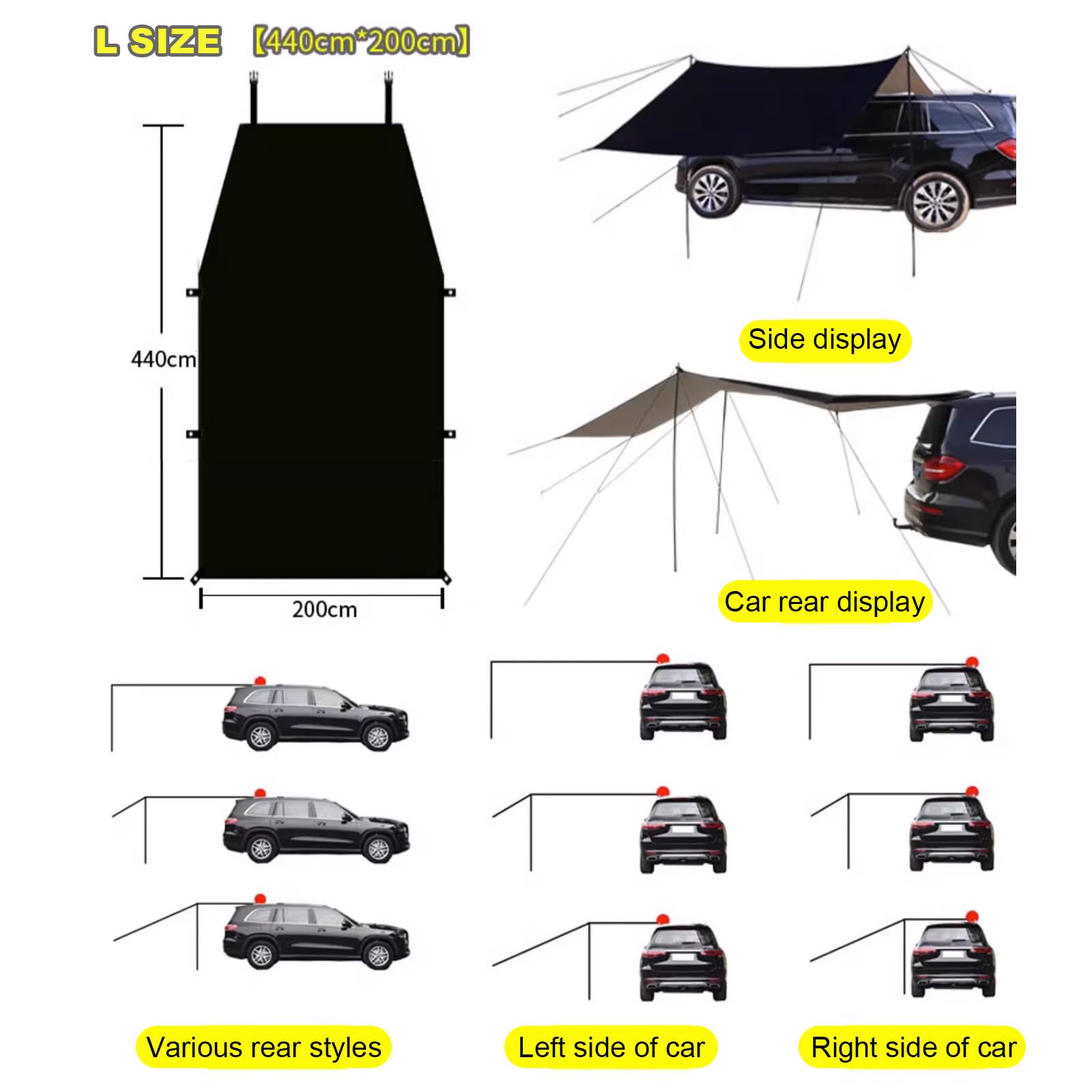 Wasserdichtes Universelles Auto Markise Sonnensegel 200-300cm | Dachzelt & Vorzelt für Auto, Wohnwagen, Bus | UV+50 Schutz, inkl. Stangen & Keder | Outdoor Camping, Strand & Garten