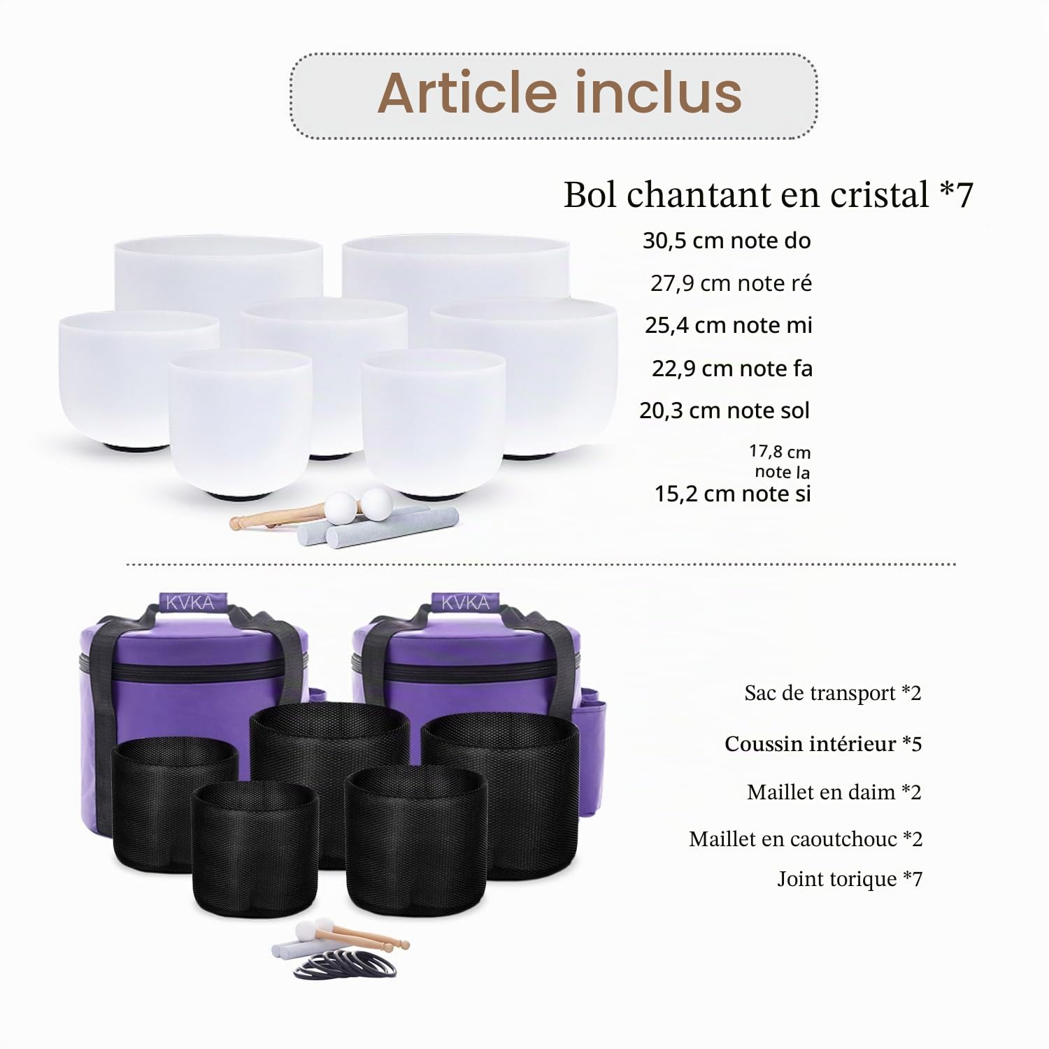KVKA Ensemble de bols chantants en cristal de 15,2 à 30,5 cm - 432 Hz - Blanc givré - Pour méditation, yoga, relaxation, soulagement du stress - Avec sac de transport