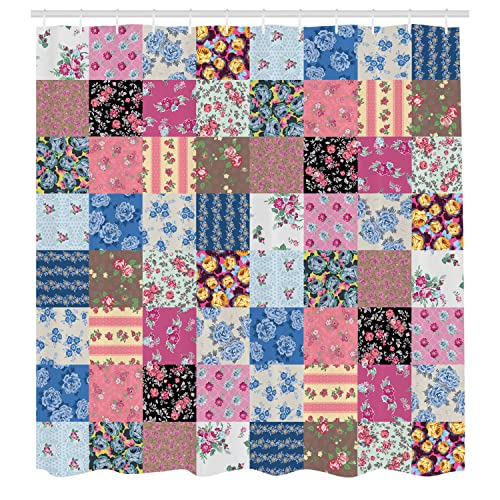Ambesonne Vintage Shower Curtain, Geometric Checkered Squares With Blooming Flowers Spring Season Plant Arrangement, Cloth Fabric Bathroom Decor Set With Hooks, 69" W X 70" L, Soft Blue Dark Pink #TOP1