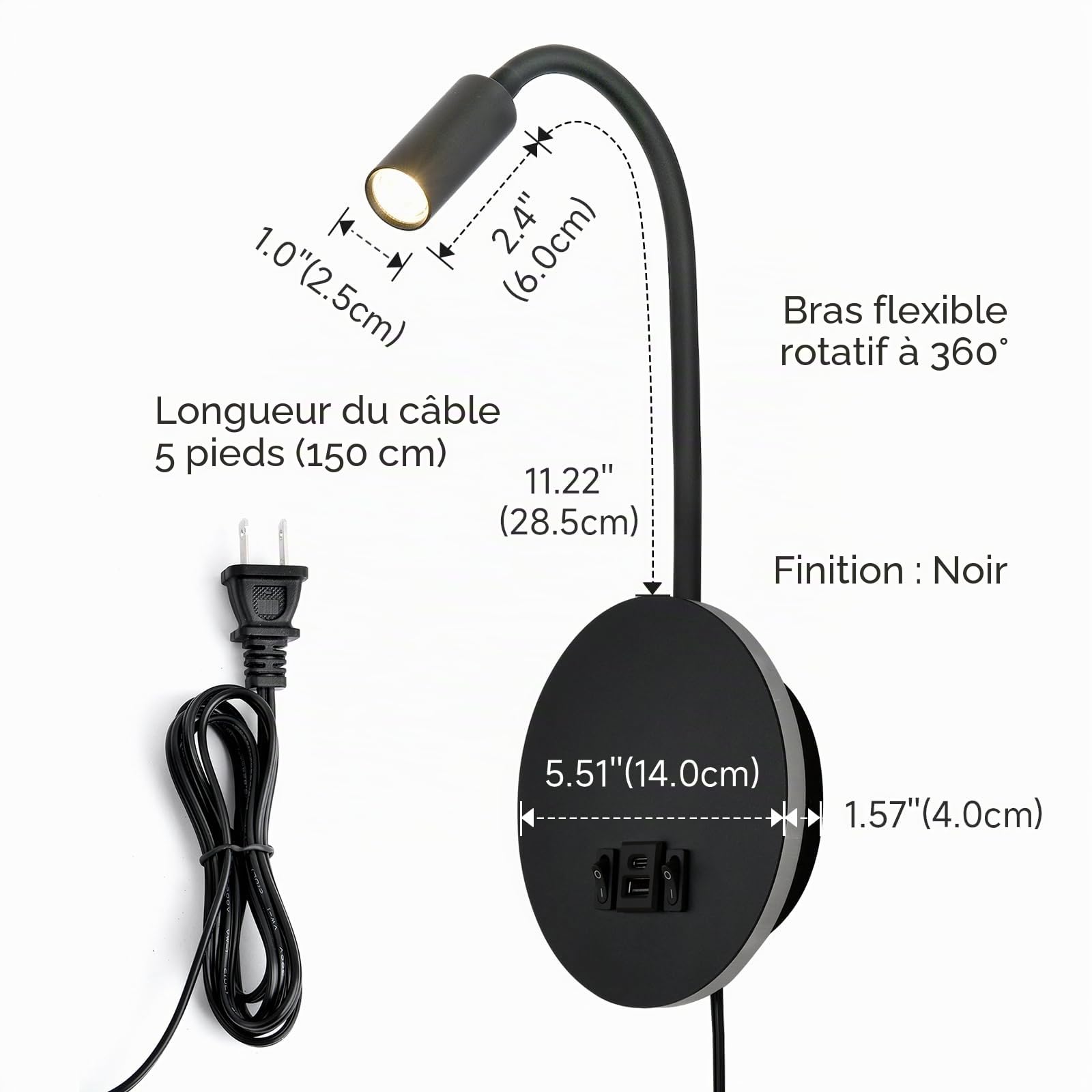 Lampe de Lecture Murale avec Port de Charge USB & USB-C et Prise, Lampe de Lit LED avec Éclairage Ambiant, Lampe de Lecture Murale Flexible, Lampe Murale avec Prise(Noir)