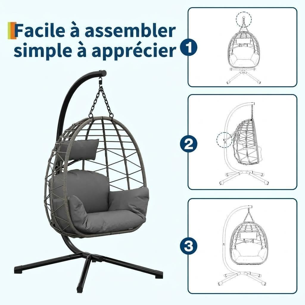 Fauteuil Suspendu en Rotin Synthétique avec Support – Chaise Œuf Suspendue avec Coussin Épais, Hauteur Réglable, Structure Stable en Métal, pour Jardin, Balcon, Terrasse, Salon Intérieur Et Extér