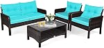 DORTALA Wicker Patio Furniture Set 4 Piece, Outdoor Rattan Table and Chairs with Tempered Glass Coffee Table, Loveseat, Cushions, Conversation Sofa Set for Balcony, Porch, Backyard, Deck, Brown