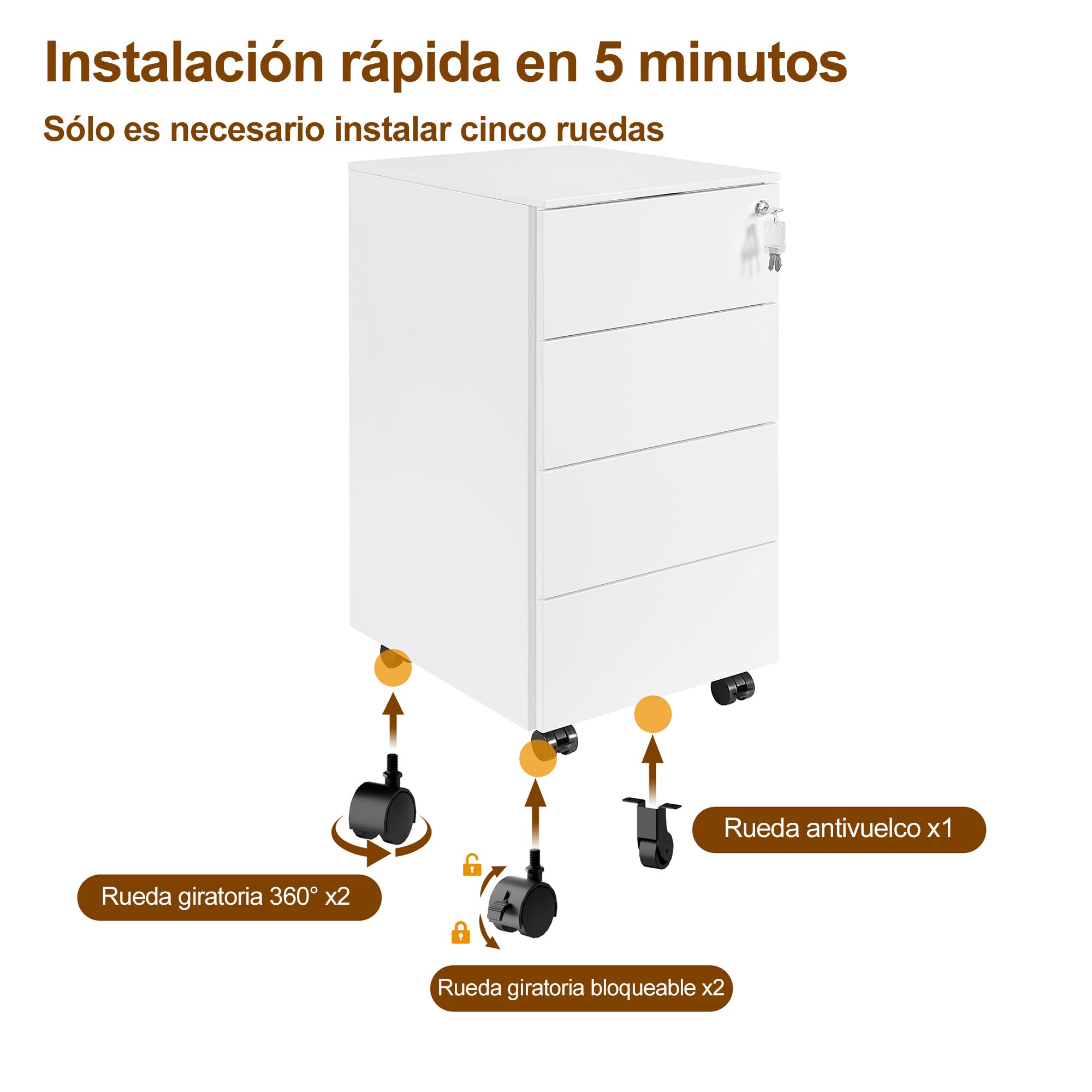 Cajonera móvil, Archivador Metálico con Cerradura, 4 Llaves, 4 Cajones, Premontado, para Oficina, Oficina en Casa, Blanco