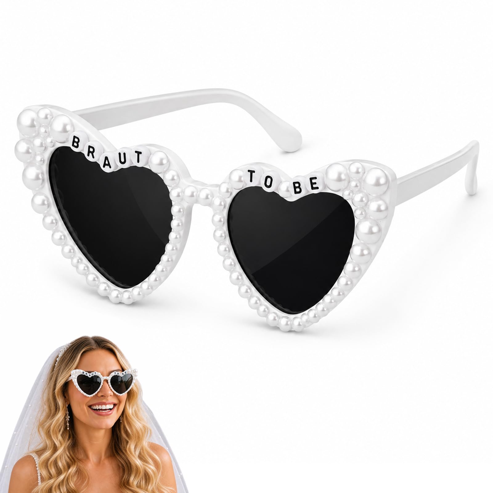 Braut Herz Sonnenbrille für Deko Junggesellenabschied Frauen | Sonnenbrille Hochzeit Herzbrillen Weiß mit Perlen-Design, Bride Sonnenbrille, Jungesellinenabschied Deko Accessoires