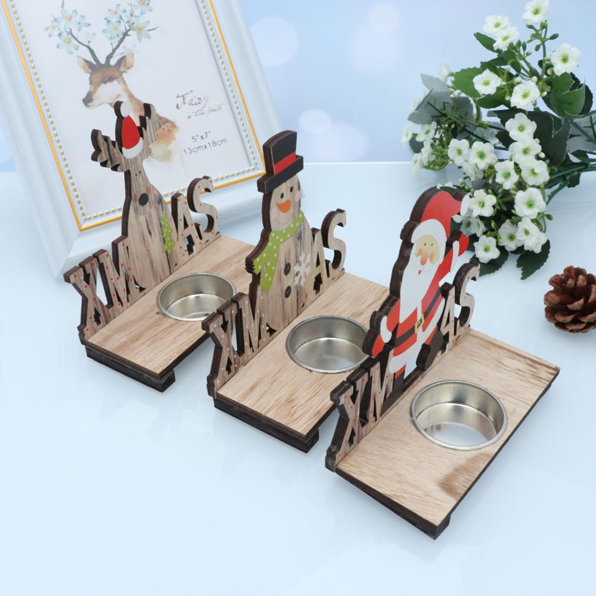 BESPORTBLE 9 Pezzi Portacandela Natalizio in Legno Babbo Natale, Pupazzo e