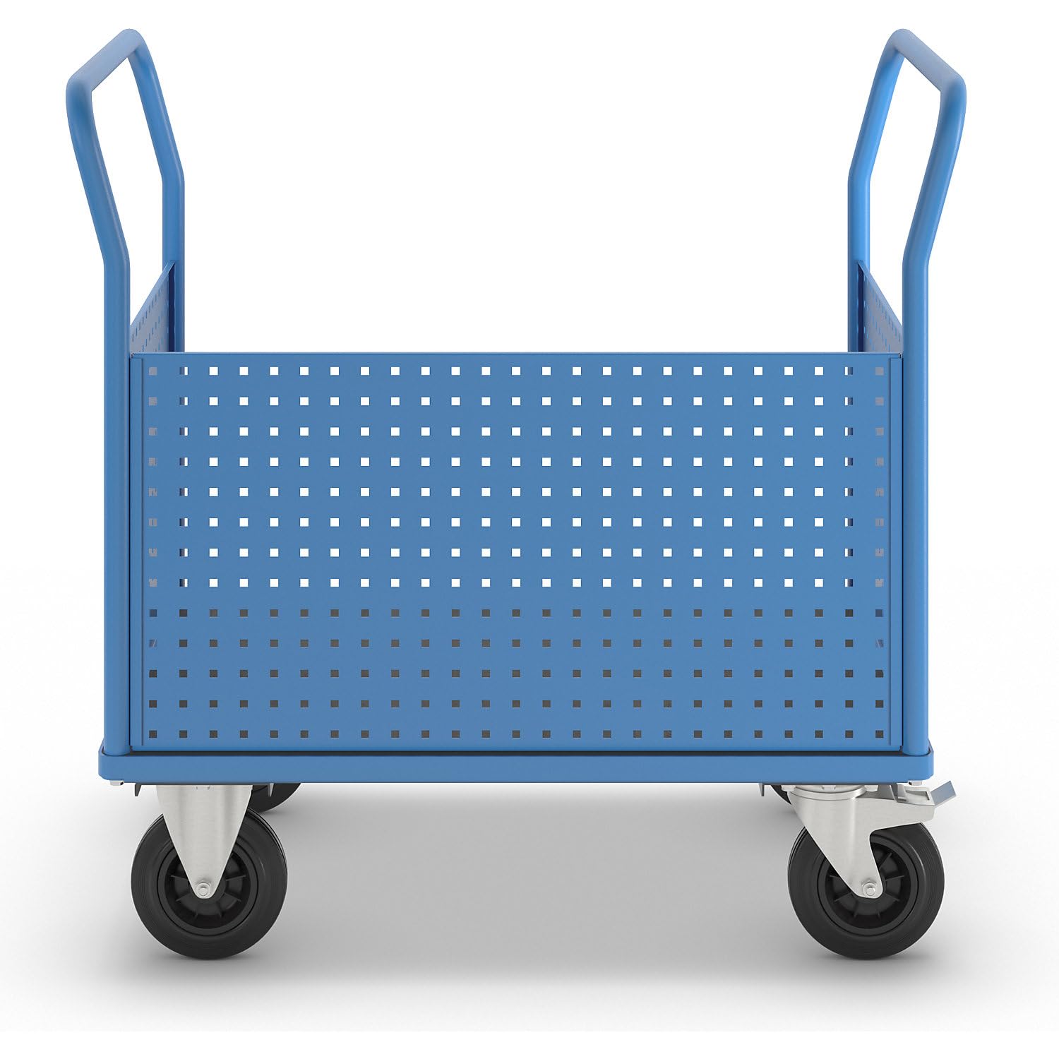 eurokraft pro | Plattformwagen | Mit 3 hohen Lochblechwänden, LxB 1050 x 700 mm, Vollgummi