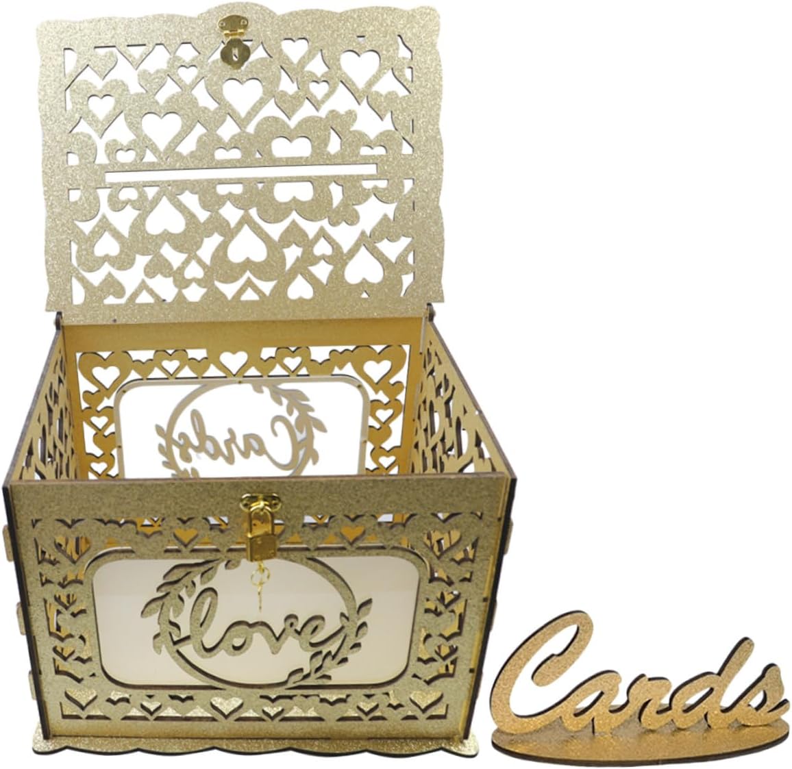 Wooden Hollow Card Box with Glitter for Wedding Reception and Birthday Party, Graduation Greeting Cards Container, Envelope and Blessing Message Storage Organizer