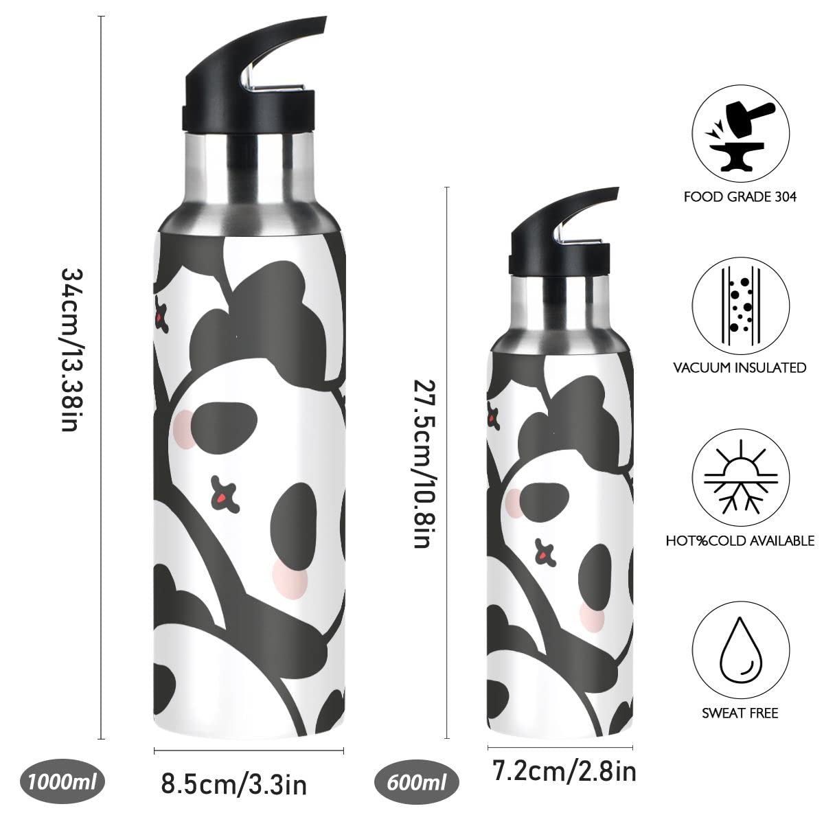 Edelstahl Wasserflasche mit Strohhalm, schöne Kawaii Panda isolierte Trinkflasche Sport Wasserflasche für Kinder Erwachsene, auslaufsicher, 1L