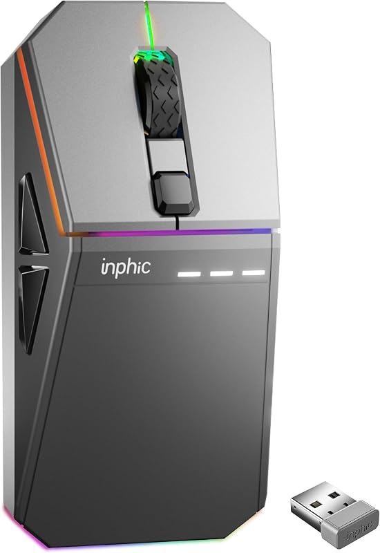 INPHIC Cyber Wireless Gaming Mouse, Tri-Mode 12000 DPI | 65g Lightweight Silent Mouse, 2.4G/BT5.0/Wired, Programmable Macro Keys
