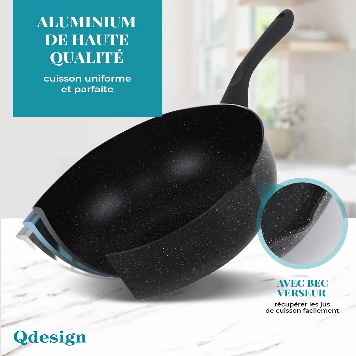 QDESIGN BLACKMARBLE+ Batterie de cuisine 6 pcs - 2 poêles + 2 casseroles en fonte d'aluminium anti-adhésif anti-rayures sans PFOA + 2 couvercles verre trempé - tous feux dont induction - Marbre noir