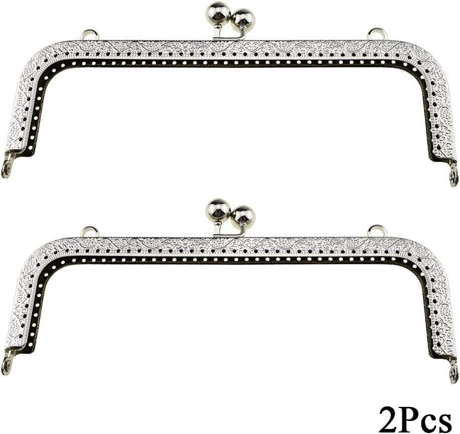 Hahiyo Purse Square Bag Kiss Clasp Frame Lock 20cm Diameter Rectangle Clutch Metal Vintage Latch Clip Smooth Open Close Sturdy No Scratch Loose Gap for DIY Crochet Fabric Coin Leather Bag 2pcs Silver