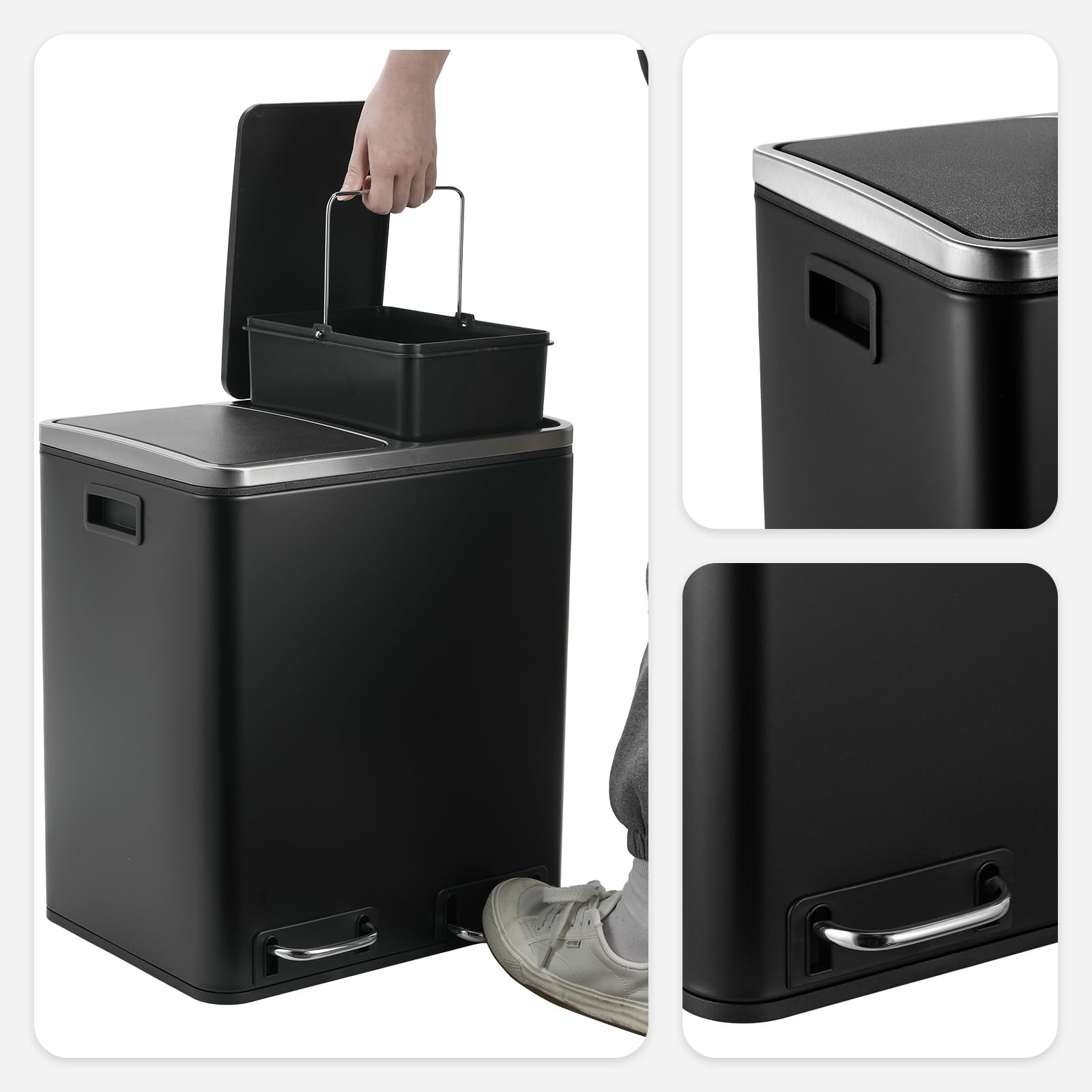 LIFERUN Mülleimer 2 Fächer, 2 x 15 Liter Abfalleimer Küche aus Metall, Softclose Deckel, Inneneimer Abnehmbar, Griffe, Doppelfach Treteimer, Schwarz für Single-Wohnung, kleine Familie