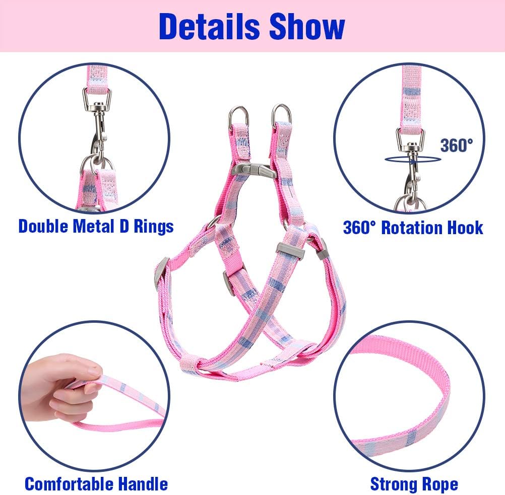 No Pull Dog Harness and Leash Set - Adjustable Plaid Step in Puppy Basic Harness for Small Medium Dogs Cats (S(Chest 15.7-22.8in), Plaid Pink) : Pet Supplies