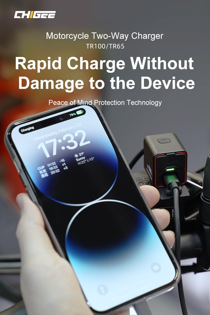 CHIGEE TR100 Next-Gen Motorcycle Battery Charger, 100W, Ultra-Compact & Lightweight, Emergency Charging, Low Standby Power, IP66 Waterproof, Compatible with 12V Lead-Acid, Gel, AGM, Lithium Batteries