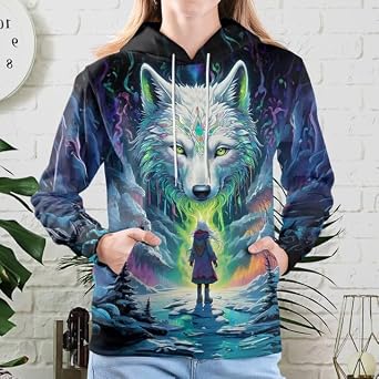 Wolf Hoodies For Men 3D Print Three Wolf Moon Adults Wolves Face Hooded Galaxy Sweatshirt Wolf