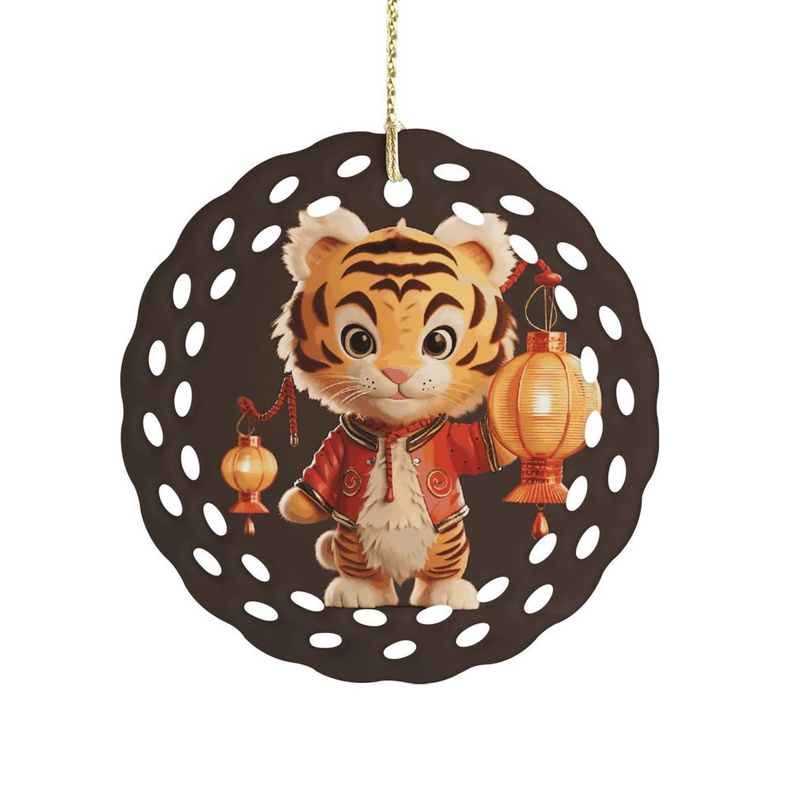 Btcowzrv Style A Tiger Holding A Lantern Ceramic Ornament,Round Ornaments With Hole Easy To Hang,Hanging Ornament For Wedding Party Home Window Garden Christmas Day Decor