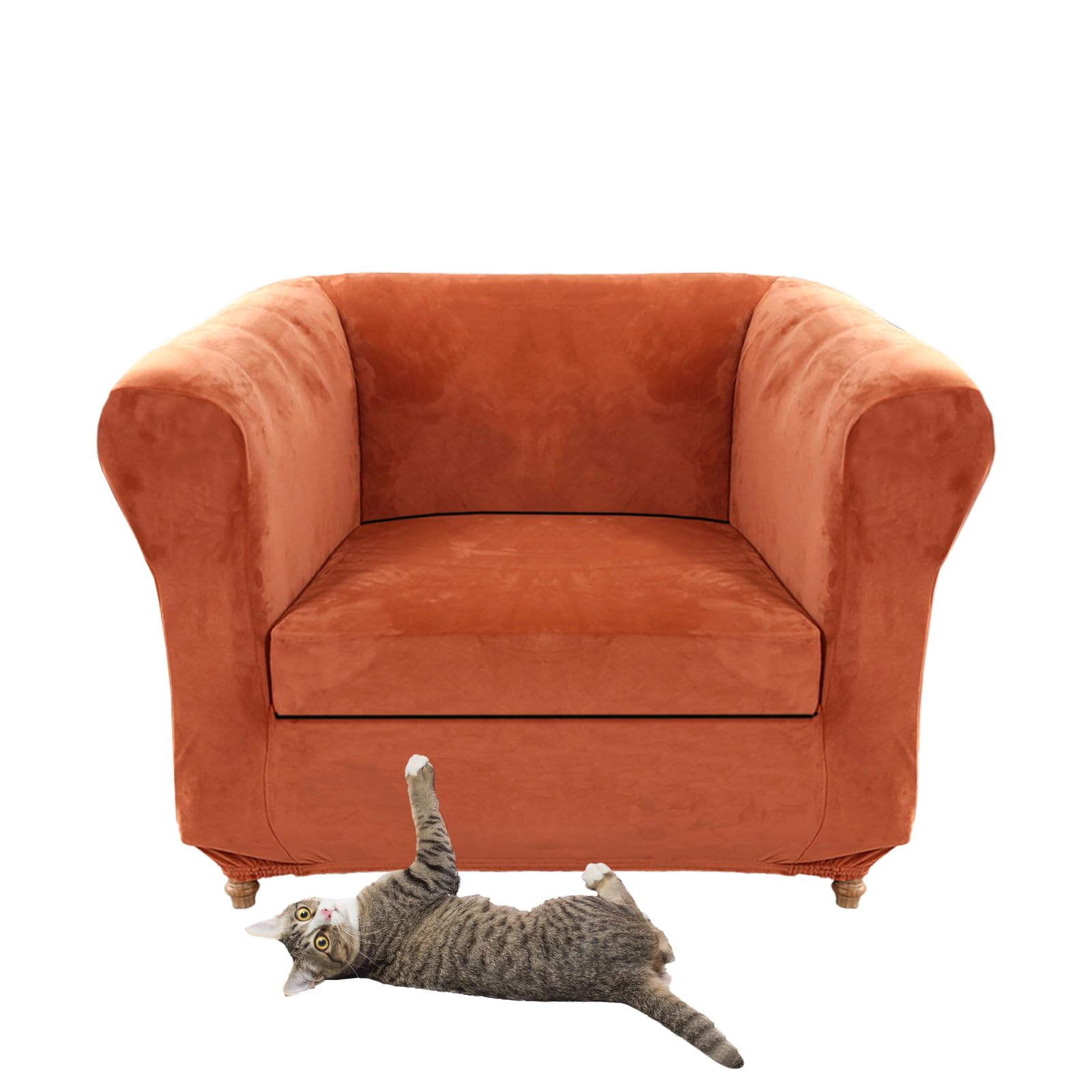 Stretch Velvet Chesterfield Sofa Cover Couch Cover with Seat Cushion Covers for Curved Chaise Armchairs Vintage Style (Orange Chair + 1 Large Seat)