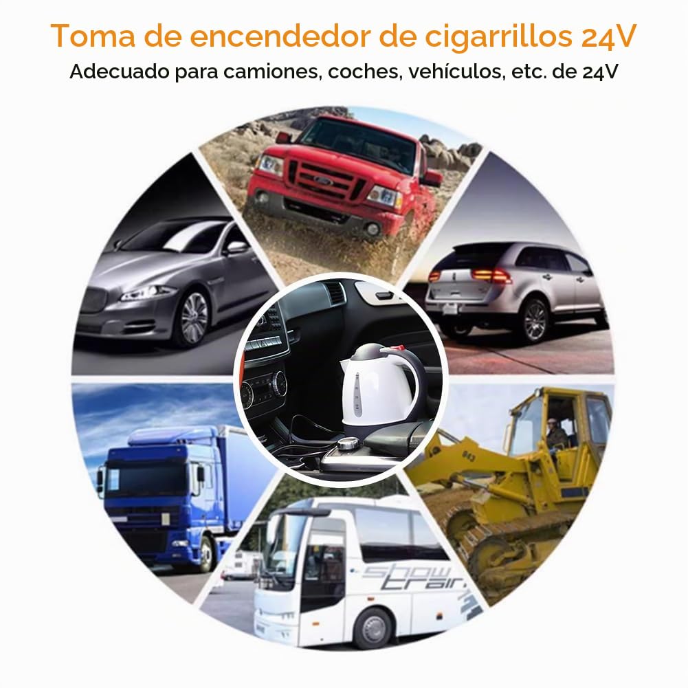 Hervidor para Camión de 24 V, 1000 Ml, Hervidor Eléctrico para Coche, Hervidor de Acero Inoxidable para Viaje, Hervidor de Viaje con Enchufe para Encendedor de Cigarrillos, para