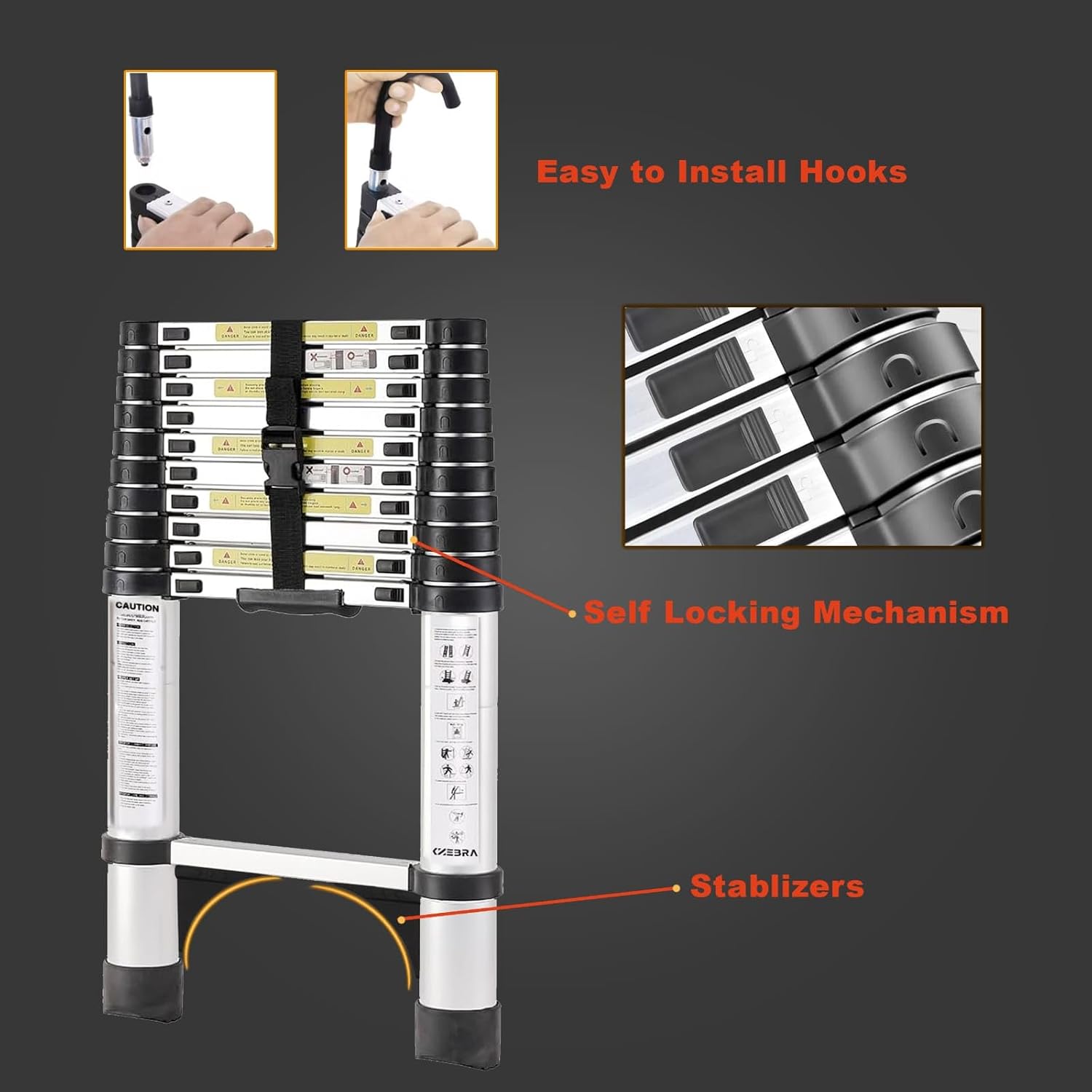 Telescoping Ladder, 12.5 FT Aluminum Lightweight Extension Ladder with 2 Stable Hooks, 2 Triangle Stabilizers & Non-Slip Feet, Heavy Duty 330 Lbs Max Capacity, Ideal for Home, RV & Outdoor Work