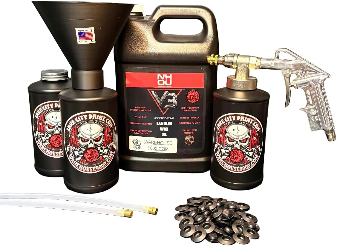 NHOU V3 Black Pro Undercoating Spray Gun & Custom Threaded Funnel - 2 Wand Kit (3 W Quart Bottles)