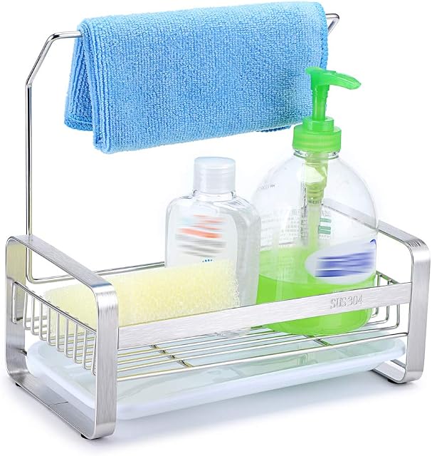 IGNPION Kitchen Sink Caddy Organizer Stainless Steel Sponge Holder Brush Soap Drainer Rack Dishrag Dishcloth Holder Rack with Plastic Drain Tray(Large,Silver)