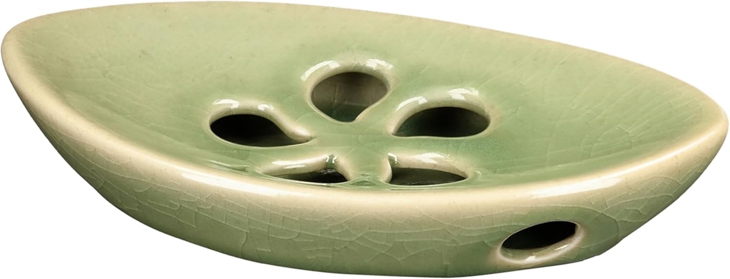 Ceramic Soap Dish with Self Draining Tray for Bar Soap, Bathroom, Kitchen (Green No.1)