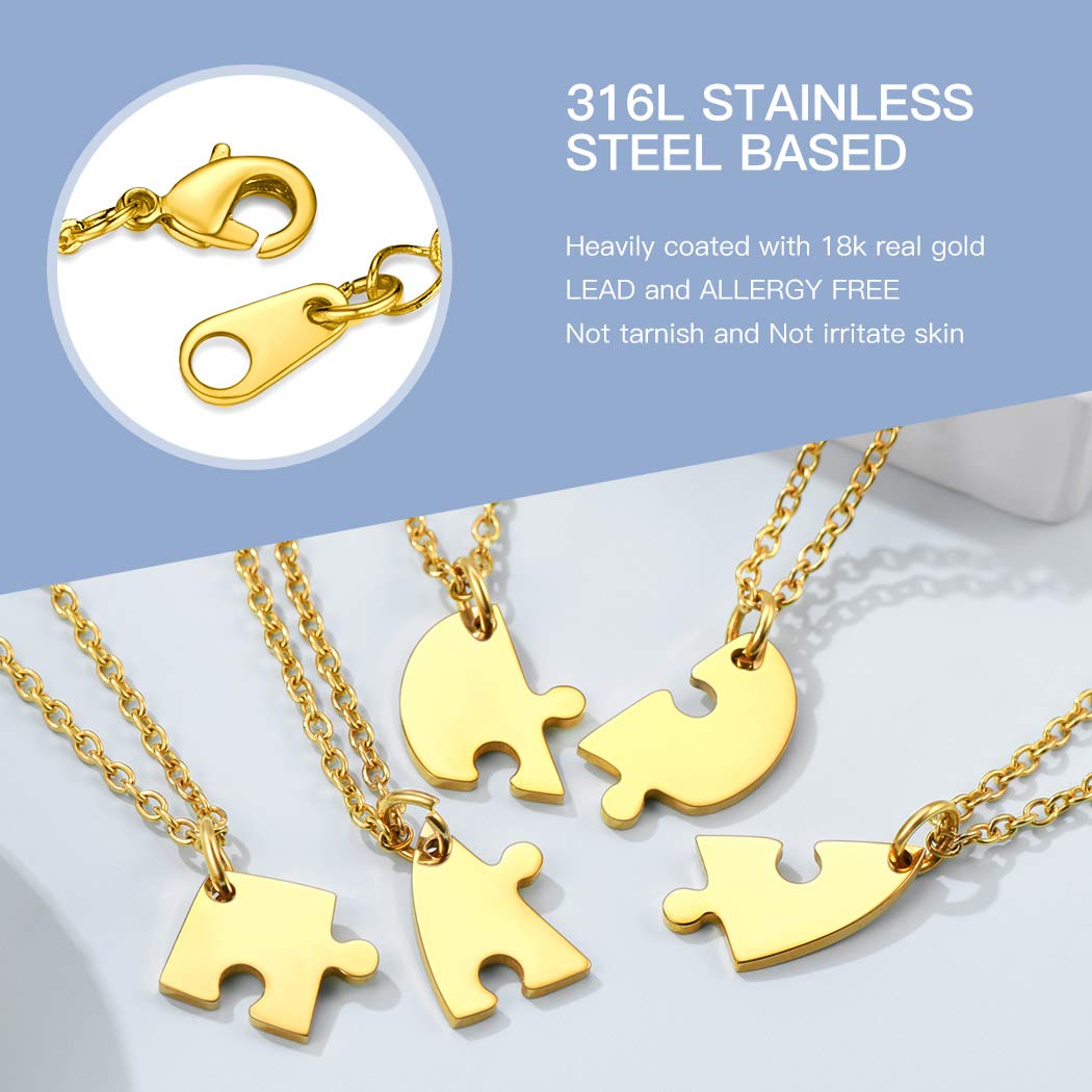 Suplight Freundschaftsketten personalisiert Namensketten 18k vergoldet/Edelstahl 2/3/4/5/6 teilige Herz Puzzle mit 46+5cm/1,5mm Rolokette Gravur für Damen Herren mit Geschenkbox