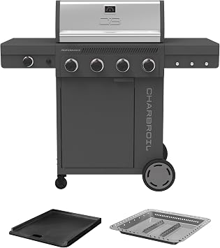 CharBroil Performance Series 4Burner Gas Grill Bundle Gray Cabinet Grill with Side Burner + Griddle Insert + Gas2Coal Charcoal Tray