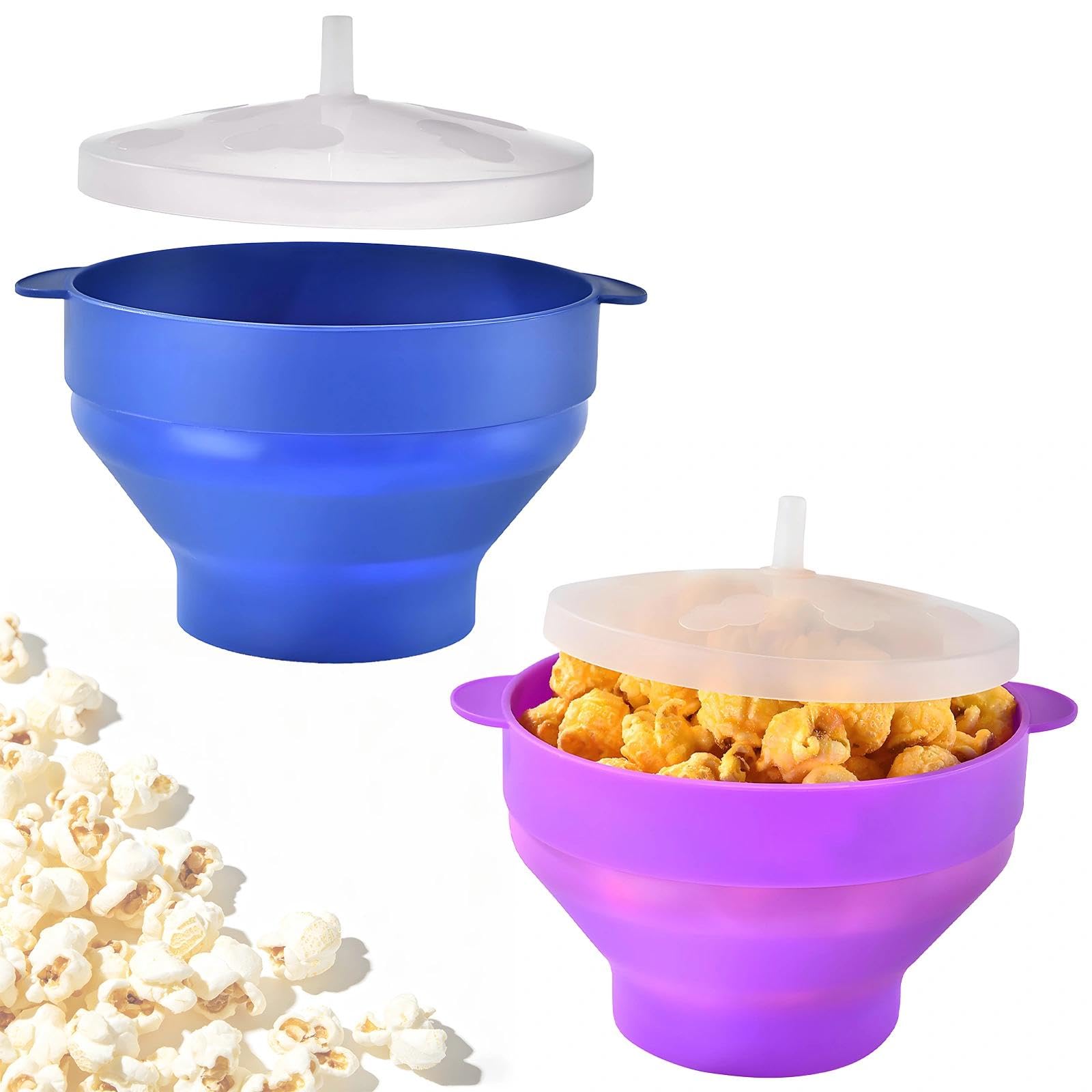 2Pcs Silicone Microwave Popcorn Maker - Collapsible Popcorn Bowl with Lid & Handles, Dishwasher Safe Popcorn Popper for Family Movie Nights and Quick Snacks (Blue & Purple)