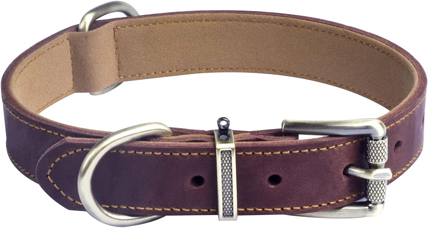 Jatinoo Basic Classic Genuine Leather Dog Collar Buckle Soft Martingale Dog Collar for Small, Medium, Large and XL Dogs|Wide and Thick (Brown, M)