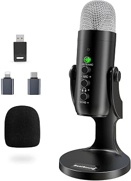 ZealSound Wireless Microphone, *USB Microphone for Phone PC iPad Android Phone, Mute Echo Monitor Volume Gain Bluetooth 2.4GHz Cordless Condenser Desktop Microphone for Podcast, ASMR, Gaming, YouTube