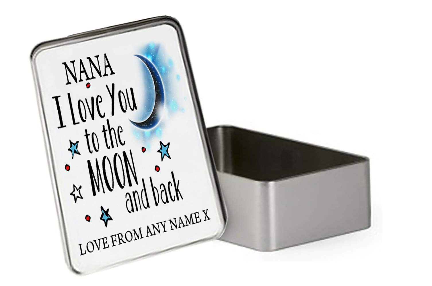 Giftme Rectangular Personalised Nana I Love You To The Moon And Back Portable Metal Tin Storage Box Biscuit Chocolate Tin Emergency Stuff Tin Birthday Present. (Rectangular)