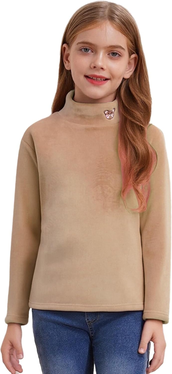 Kids Boys Girls Bear Embroidery Thermal Tops Long Sleeves Thick Velvet Pullover Shirts Underwear