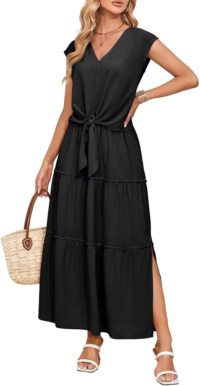 Dokotoo Women’s Spring Summer 2 Piece Outfits 2025 Cap Sleeve V Neck Belted Crop Tops High Waist Maxi Skirt Set