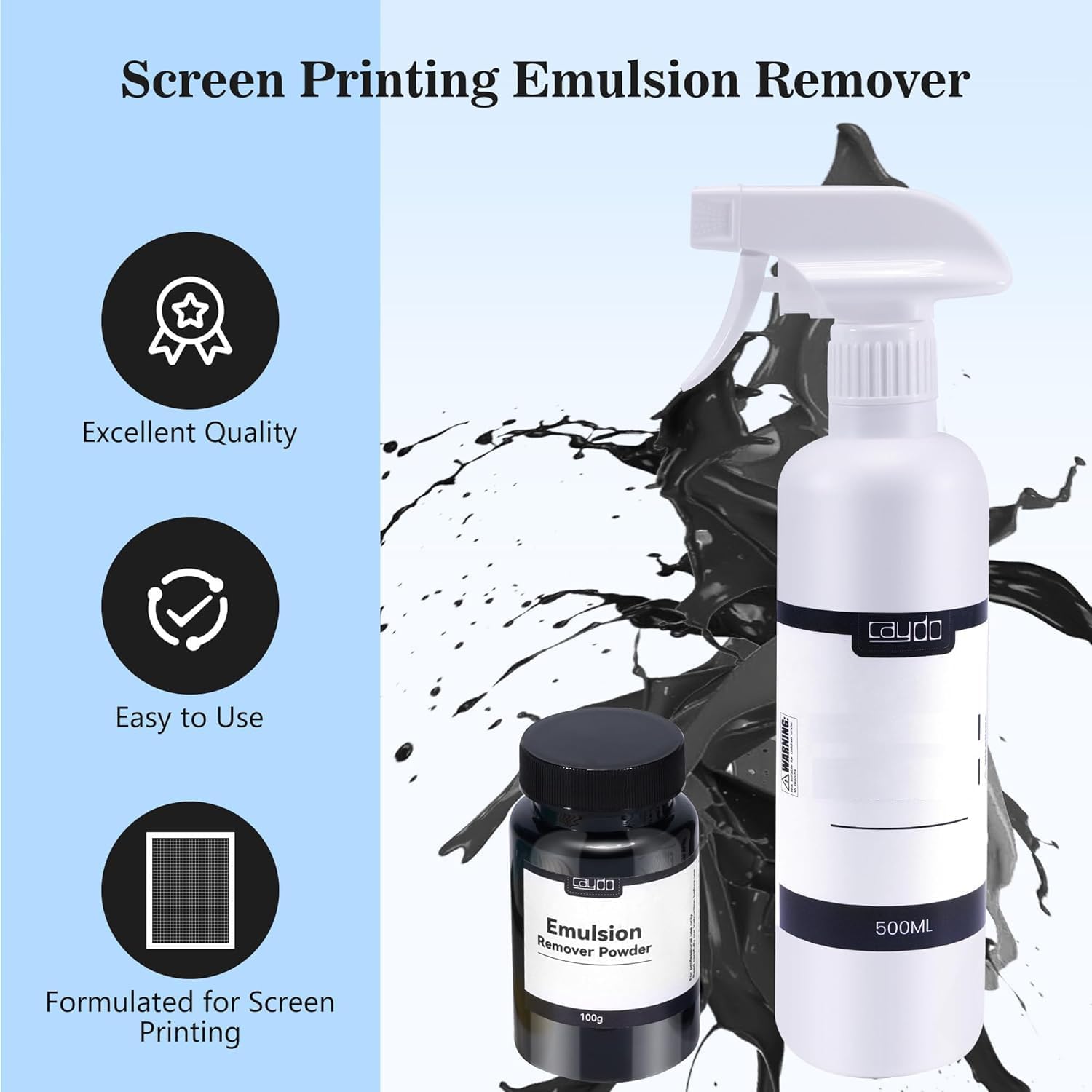 Caydo Screen Printing Emulsion Kit Includes Screen Printing Emulsion Remover Powder (Mix - 2000oz), Screen Printing Photo Emulsion (8.5 oz), Diazo Sensitizer, Screen Printing Supplies